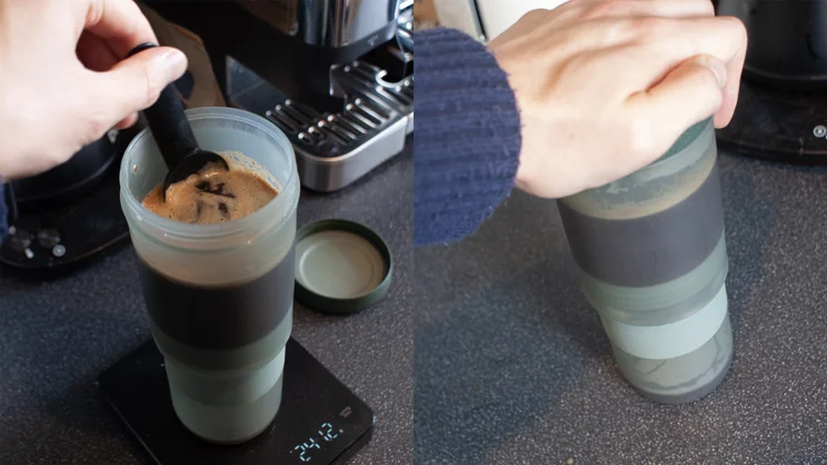 Side-by-side photos of the Wacaco Prestina coffee maker in use. On the left, a hand uses part of the stir-spoon to stir the steeping coffee. On the right, a hand presses down on the brewer, to plunge the brewed coffee into the puck
