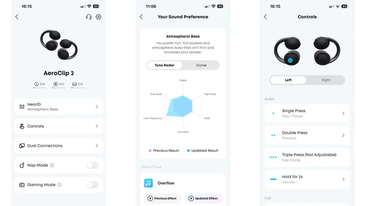 Three smartphone screenshots showing the companion mobile app for the Anker Soundcore AeroClip 2 clip-on earbuds, displaying the main dashboard, sound preference customisation radar, and touch control mapping