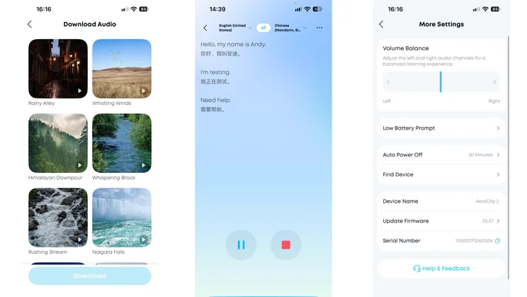 Three smartphone screenshots featuring additional menus in the Anker Soundcore app for the AeroClip 2 clip-on earbuds, including white noise audio downloads, live language translation, and device settings