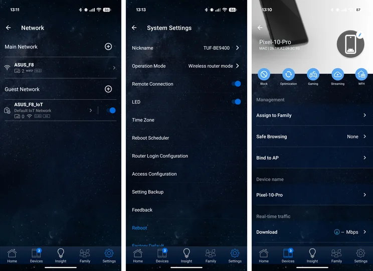 Three ASUS router app screenshots on a dark starfield background. Left: Network screen showing the Wi-Fi 7 network &ldquo;ASUS_F8&rdquo; and a guest IoT network. Middle: System Settings for the TUF-BE9400 router. Right: device page for &ldquo;Pixel-10-Pro&rdquo; with management options.