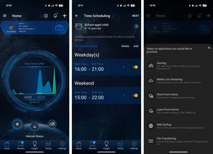 Three ASUS router app screenshots on a dark starfield background. Left: Home screen with LAN IP 192.168.50.1 and a real-time traffic graph. Middle: Time Scheduling for a school-aged child, with weekday and weekend online hours. Right: a menu for choosing an application to prioritise.