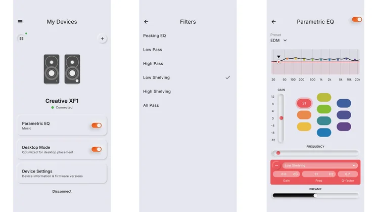 Three smartphone app screenshots displaying software controls for the Creative XF1 desktop speakers, including device status, filter settings, and a parametric equaliser