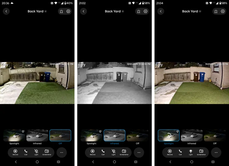Three night-time Eufy Back Yard camera views side by side, all timestamped 1 October 2026. Left: the view at 8:36 PM with night vision off, showing a dim, slightly colourful yard with a concrete path, artificial lawn, wooden fence and two wheelie bins. Centre: the same yard at 9:02 PM in black-and-white infrared mode. Right: the yard at 9:04 PM with the spotlight on, brightly lit in full colour with a green lawn and a blue bin.