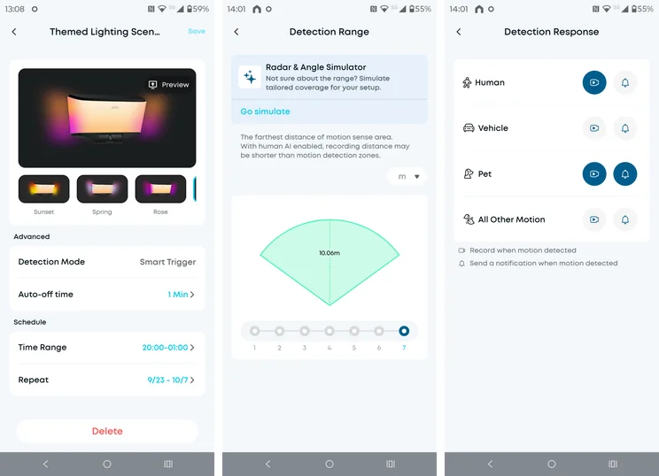 Three Eufy app settings screens side by side. Left: a Themed Lighting Scene page showing a glowing camera light with Sunset, Spring and Rose presets, Smart Trigger detection, a 1 minute auto-off, and a 20:00&ndash;01:00 schedule repeating 9/23 to 10/7. Centre: a Detection Range page with a green fan-shaped coverage diagram labelled 10.06m and a level 7 slider selected. Right: a Detection Response page with record and notification toggles for Human, Vehicle, Pet and All Other Motion, with recording enabled for Human and both recording and notifications enabled for Pet.