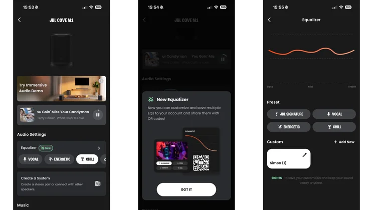 Three smartphone screenshots displaying the companion app for the JBL Cove M1 wireless speaker, highlighting custom equaliser presets and sharing options