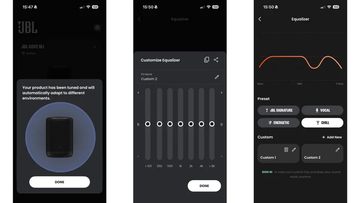 Three screenshots of the JBL One companion app interface for the JBL Cove M1 wireless speaker, showing room tuning setup and equaliser frequency adjustments