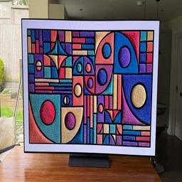 Direct front view of the 77in LG C6 OLED TV with Primary RGB Tandem OLED technology resting on a wooden tabletop, displaying a vibrant, highly detailed geometric carpet pattern art piece with rich colours and deep blacks