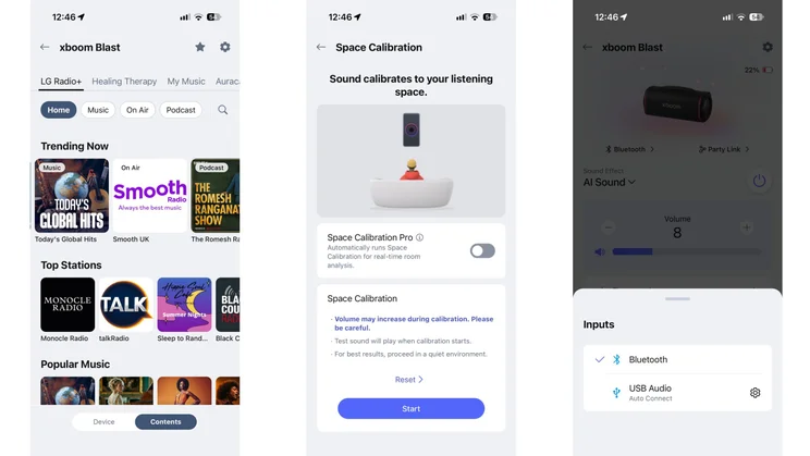 Three mobile app screenshots for the LG xboom Blast speaker illustrating streaming audio services under "LG Radio+", the "Space Calibration" room-tuning feature, and the physical/wireless input selection menu
