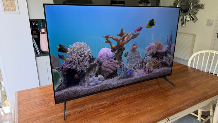 Front left perspective view of the Sharp HJ6725KB Roku TV standing on a wooden table, displaying a colourful underwater aquarium scene