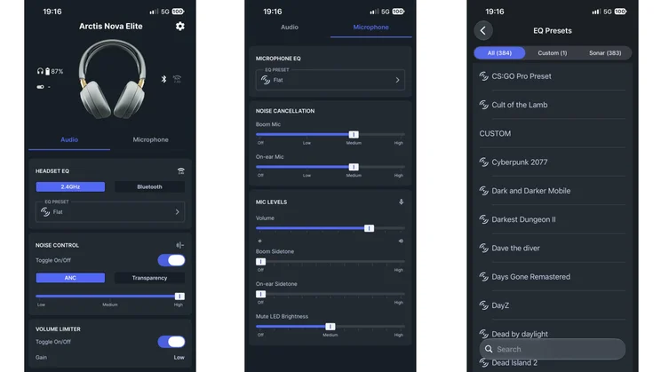Three smartphone screen captures showing the mobile companion app for the SteelSeries Arctis Nova Elite gaming headset, displaying audio controls, mic noise cancellation settings, and game EQ presets