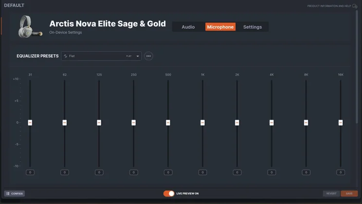 A desktop software screen showing the audio settings interface for the SteelSeries Arctis Nova Elite gaming headset, featuring a 10-band equalizer set to a flat profile