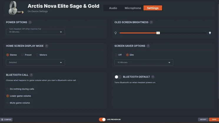 A desktop software interface showing on-device settings for the SteelSeries Arctis Nova Elite gaming headset, including power options, OLED screen brightness, display modes, screen saver preferences, and Bluetooth call behaviour