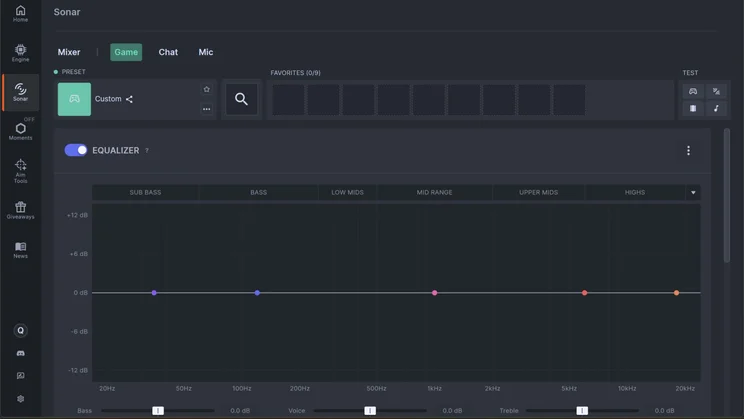 A screenshot of the SteelSeries Sonar desktop software showing the Game tab parametric equaliser panel configured with a custom flat frequency response profile for the SteelSeries Arctis Nova Elite gaming headset