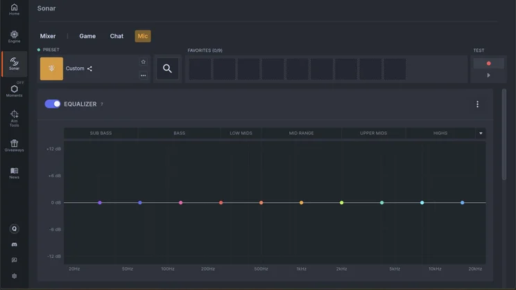 A screenshot of the SteelSeries Sonar software showing the Microphone EQ customisation tab with multi-point frequency adjustment nodes for the SteelSeries Arctis Nova Elite gaming headset