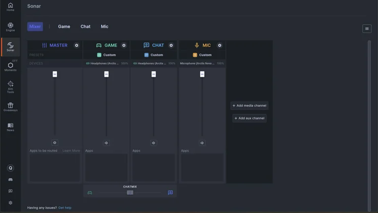 A desktop screenshot of the SteelSeries Sonar audio software showing the multi-channel mixer interface with individual volume faders for Master, Game, Chat, and Microphone audio streams for the SteelSeries Arctis Nova Elite gaming headset