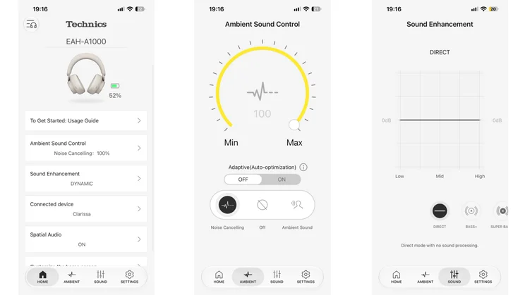 Three smartphone screenshots displaying the companion mobile app for the Technics EAH-A1000 headphones, showing the home dashboard, ambient sound control dial, and sound enhancement EQ settings
