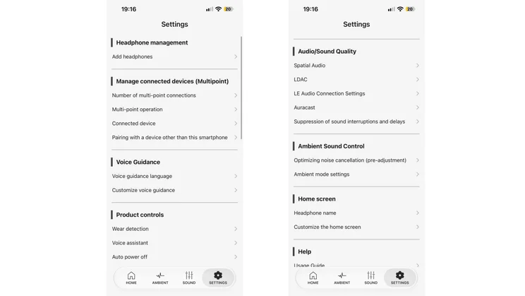 Two smartphone screenshots showing the device settings menu in the companion app for the Technics EAH-A1000, including multipoint connection, voice guidance, and audio quality preferences