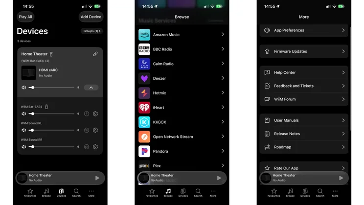 Three smartphone screenshots showing the WiiM Home companion app interface for managing connected WiiM Bar devices, browsing music services, and accessing app settings