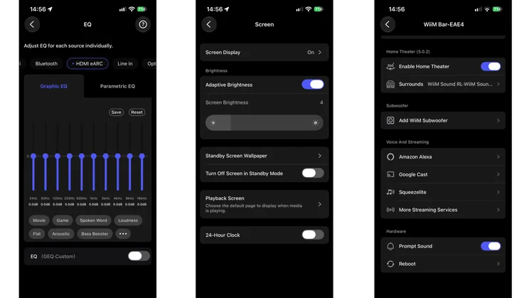 Three smartphone screenshots showing the WiiM Home app settings for the WiiM Bar, including Graphic EQ controls, screen brightness options, and home theatre configuration